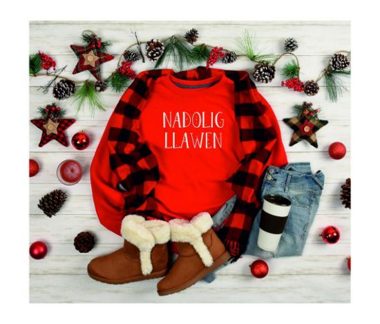 Picture of Cute Nadolig Llawen Welsh Merry Christmas Jumper Sweater Red Black Green Ladies Mens